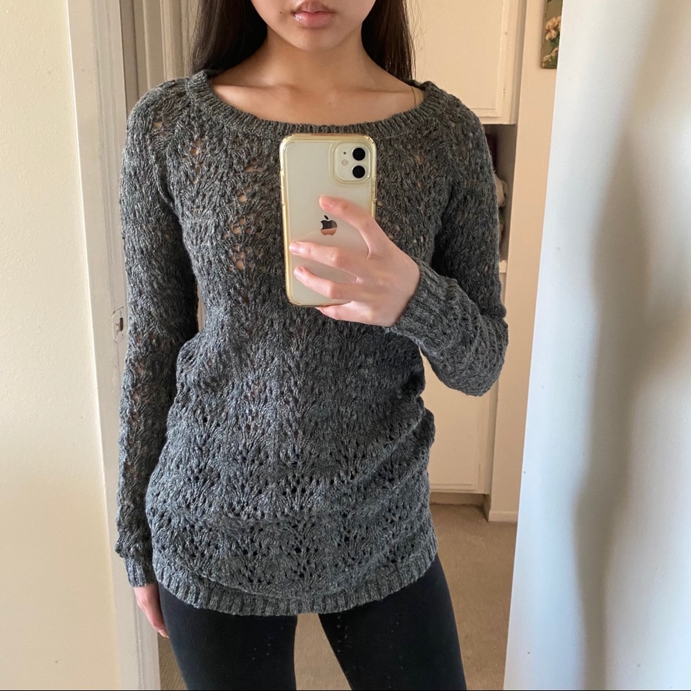 Gray Patterned Open Knit Sweater - image 1